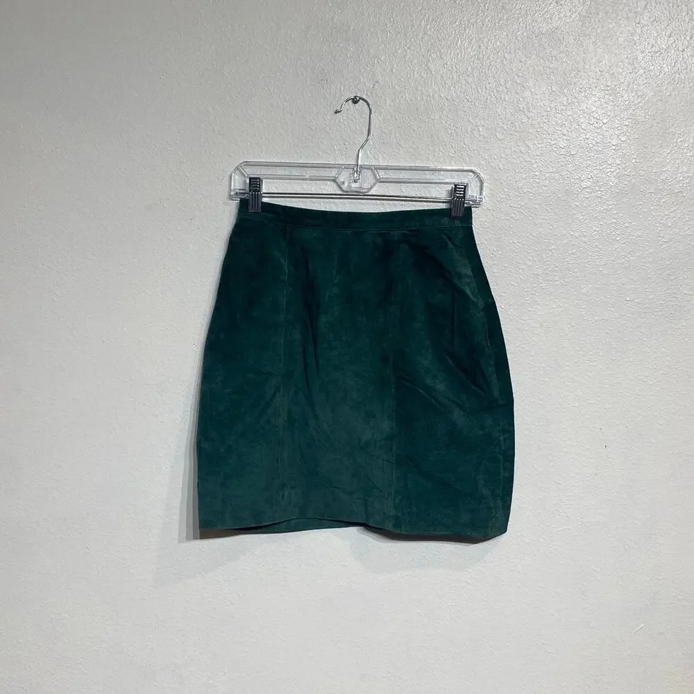 Global Identity Olive Green Suede Leather Mini Skirt Vintage Y2K Sz 13/14
